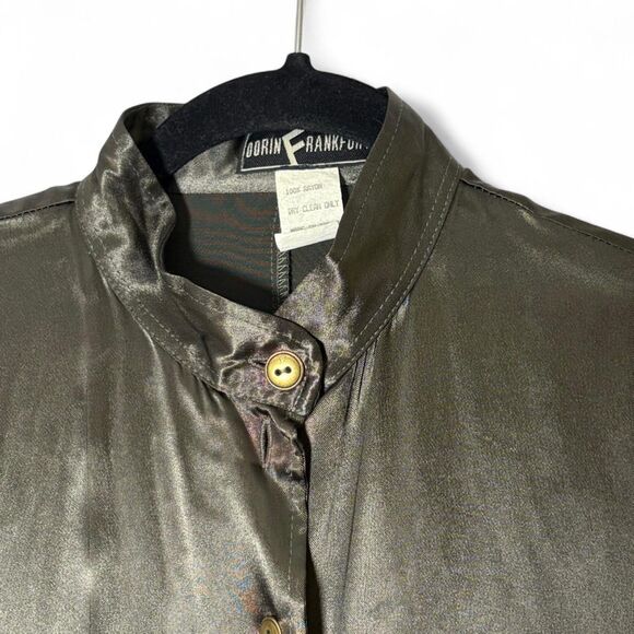 VTG 100% Rayon Olive Gunmetal Satin Button Oversized Blouse sz L / XL - Picture 3 of 9